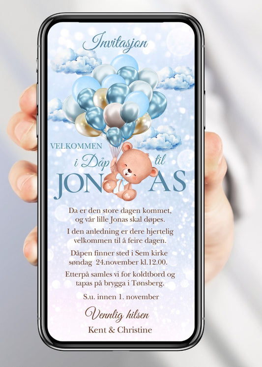Invitasjon dåp og navnefest blå med bamse - personlig design med ferdig tekstforslag - KISS DEKOR