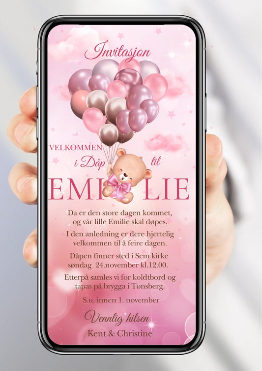 Invitasjon dåp og navnefest rosa med ballong - personlig design med ferdig tekstforslag - KISS DEKOR