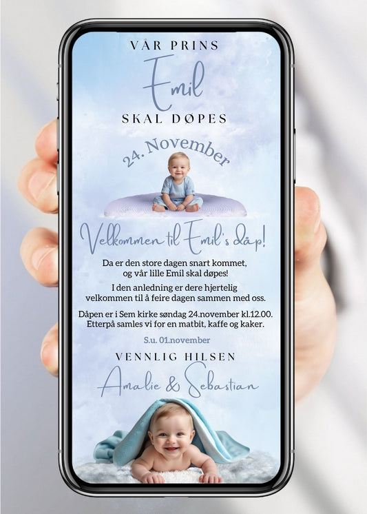Blå invitasjon for navnefest og dåp – stilren design til mobil