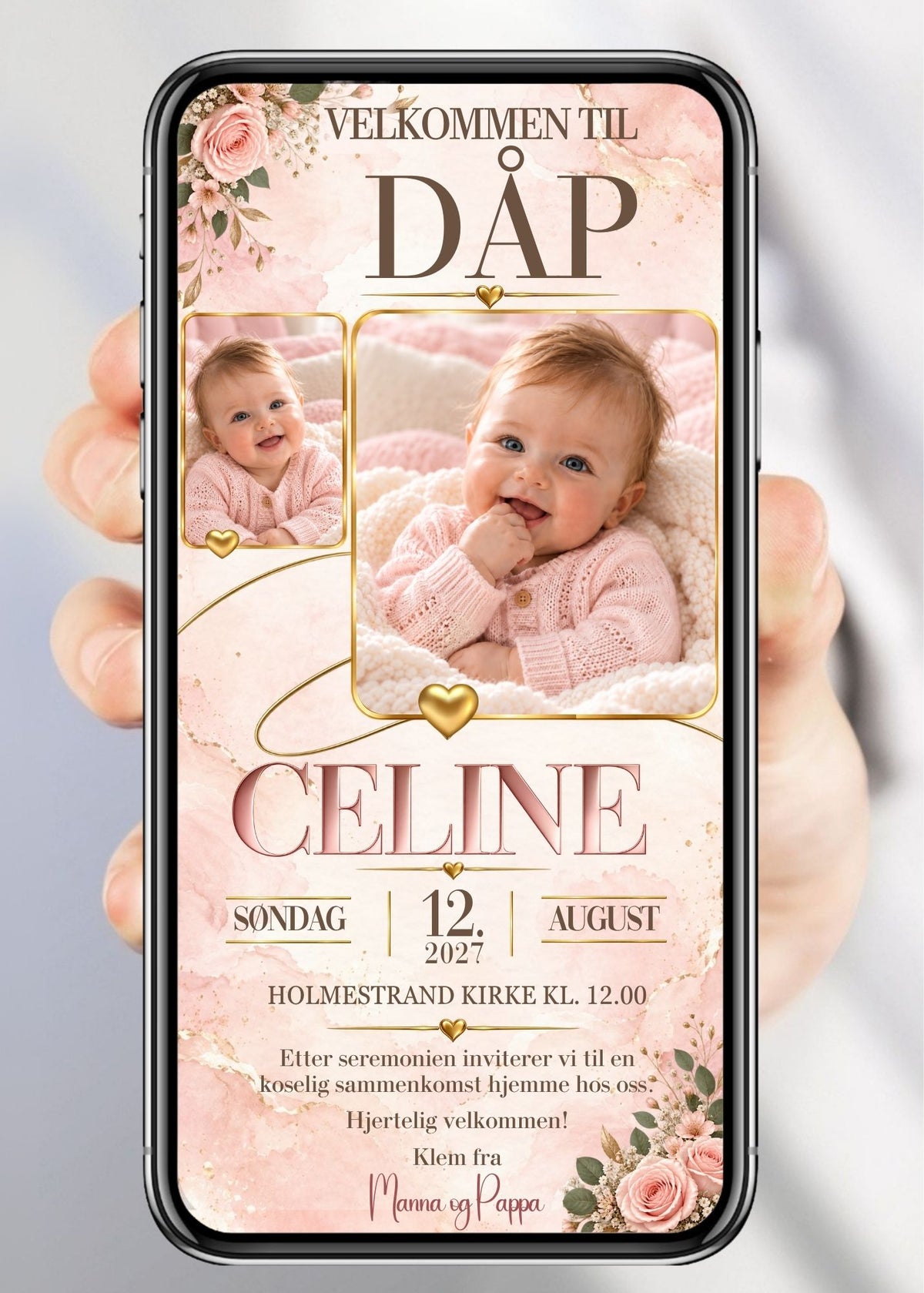 Dåpsinvitasjon vist på mobil, med to babybilder i avrundede gullrammer, rosa roser og gylne hjerter på rosa marmorert bakgrunn.
