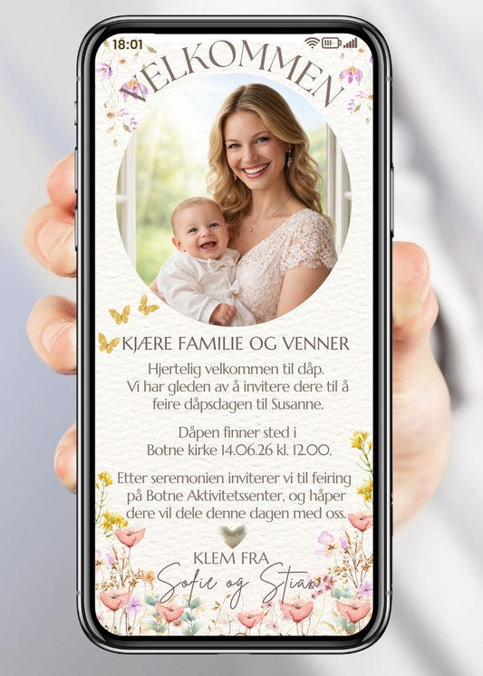 Mobil invitasjon til dåp med bilde av mor og barn, blomster og sommerfugler