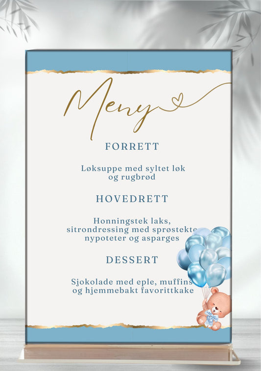 Meny til dåp og navnefest med blå bamse og ballonger – elegant design med gulldetaljer