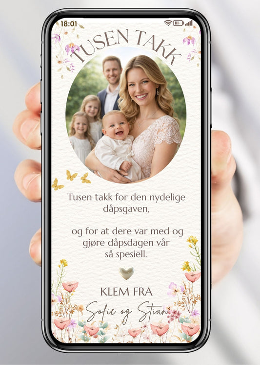 Mobil takkekort til dåp med familiebilde, blomster og sommerfugler – vist på mobilskjerm