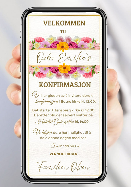 Hvit konfirmasjonsinvitasjon med fargerike blomster, gullramme og håndskrevet skrift på hvit bakgrunn