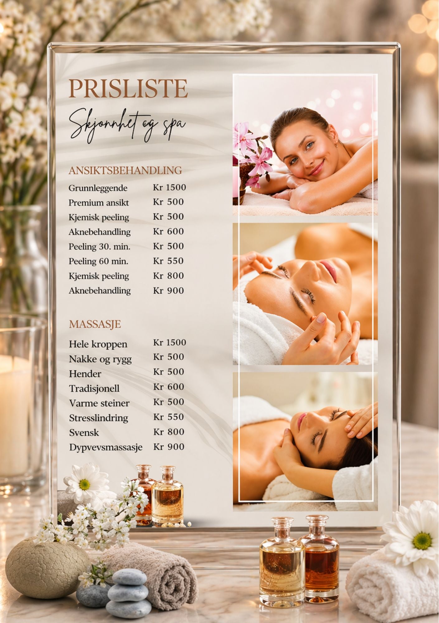 Prisliste i ramme på spa-dekorert bord – design for Skjønnhet og spa, med tre bilder av kvinner som får ansiktsbehandling, i beige og hvit fargepalett