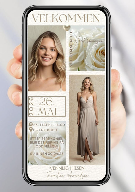 Digital konfirmasjonsinvitasjon vist på mobil med to bilder av konfirmanten, hvite roser, datofelt og hjerter på lys bakgrunn.