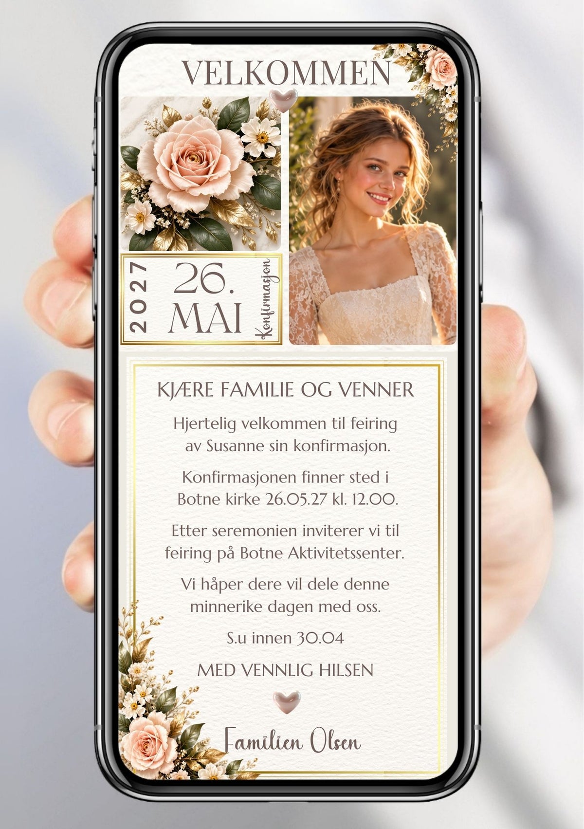 Digital konfirmasjonsinvitasjon vist på mobil med konfirmantfoto, duse rosa roser, små hvite blomster, datofelt og invitasjonstekst i gullramme. 