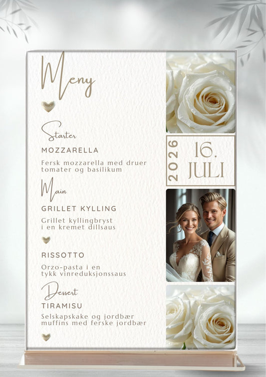 Digital bryllupsmeny med bilde og hvite roser - elegant menykort fra KISS DEKOR