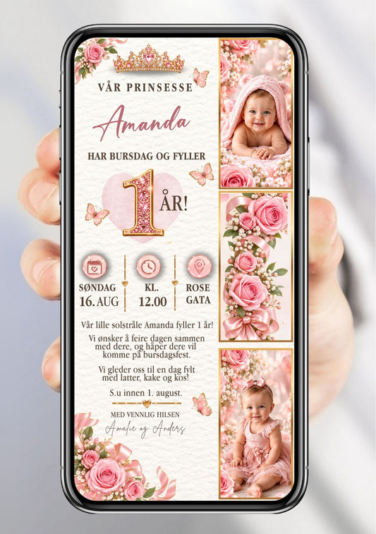 Digital bursdagsinvitasjon med tre babyfoto i gullrammer, rosa roser og gypsophila, gullkrone øverst, rosa sløyfe, sommerfugler, navn i håndskrift, "Har bursdag og fyller 1 år!" og festdetaljer på ivory/hvit bakgrunn