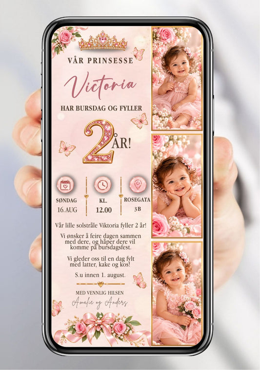 Digital bursdagsinvitasjon med tre babyfoto i gullrammer på rosa/blush bakgrunn, gullkrone øverst, rosa roser, sløyfe og sommerfugler, navn i håndskrift og festdetaljer