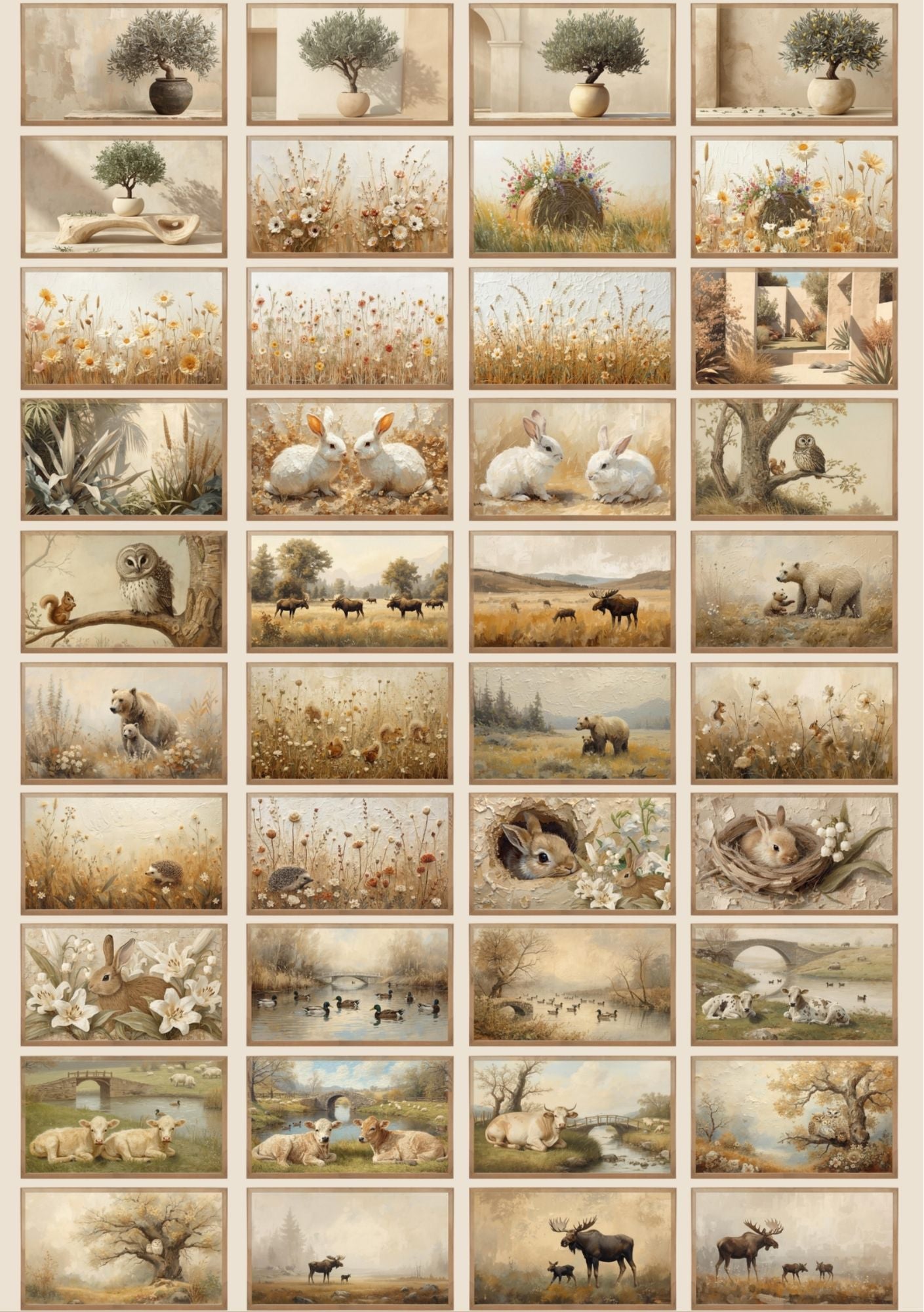 Frame TV naturbilder eksempler - vintage dyremotiver med hjort, elg, hare og fugler i sepia-toner