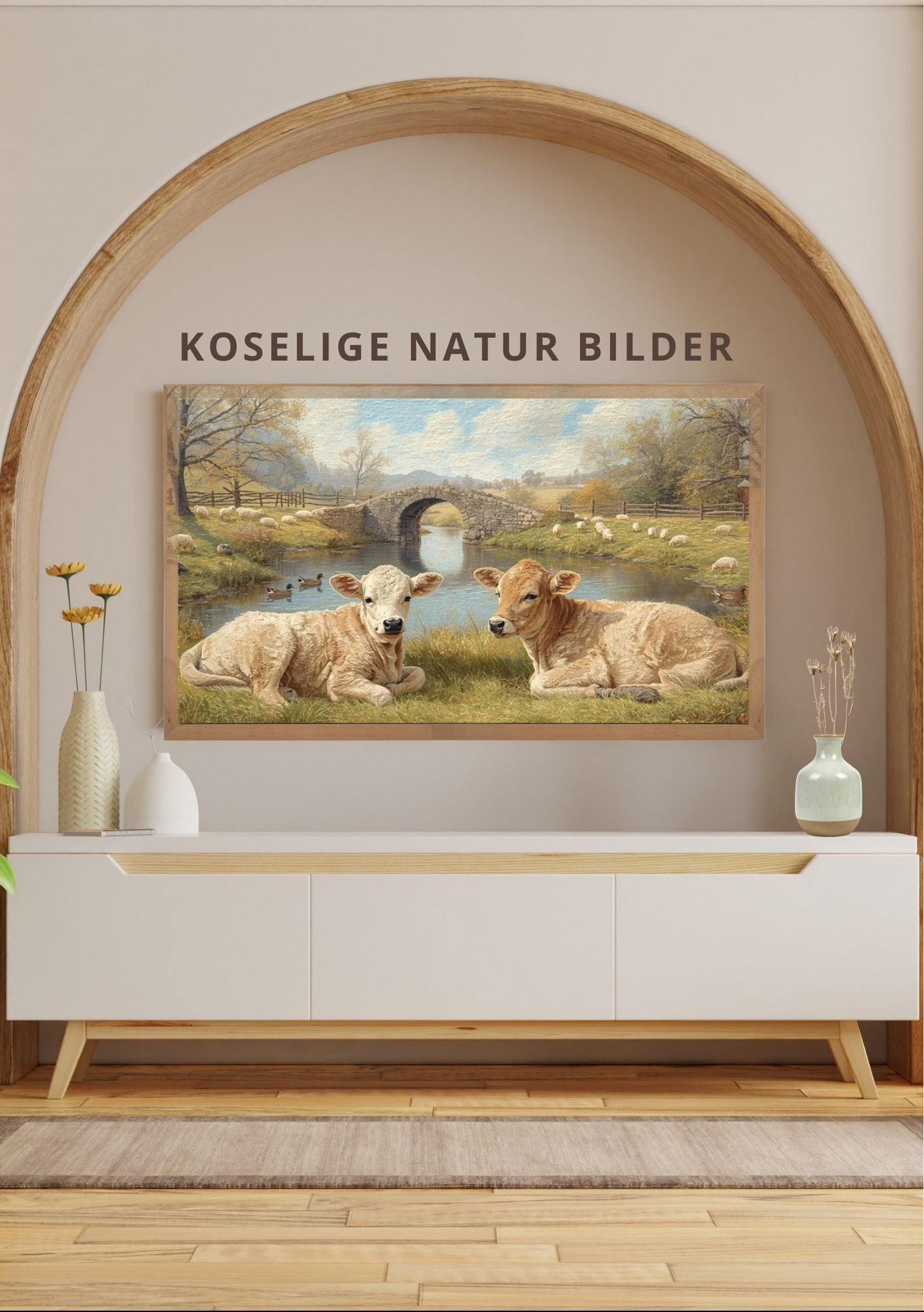 Frame TV naturbilder vist på Samsung Frame TV - vintage naturscene med tre i landskap