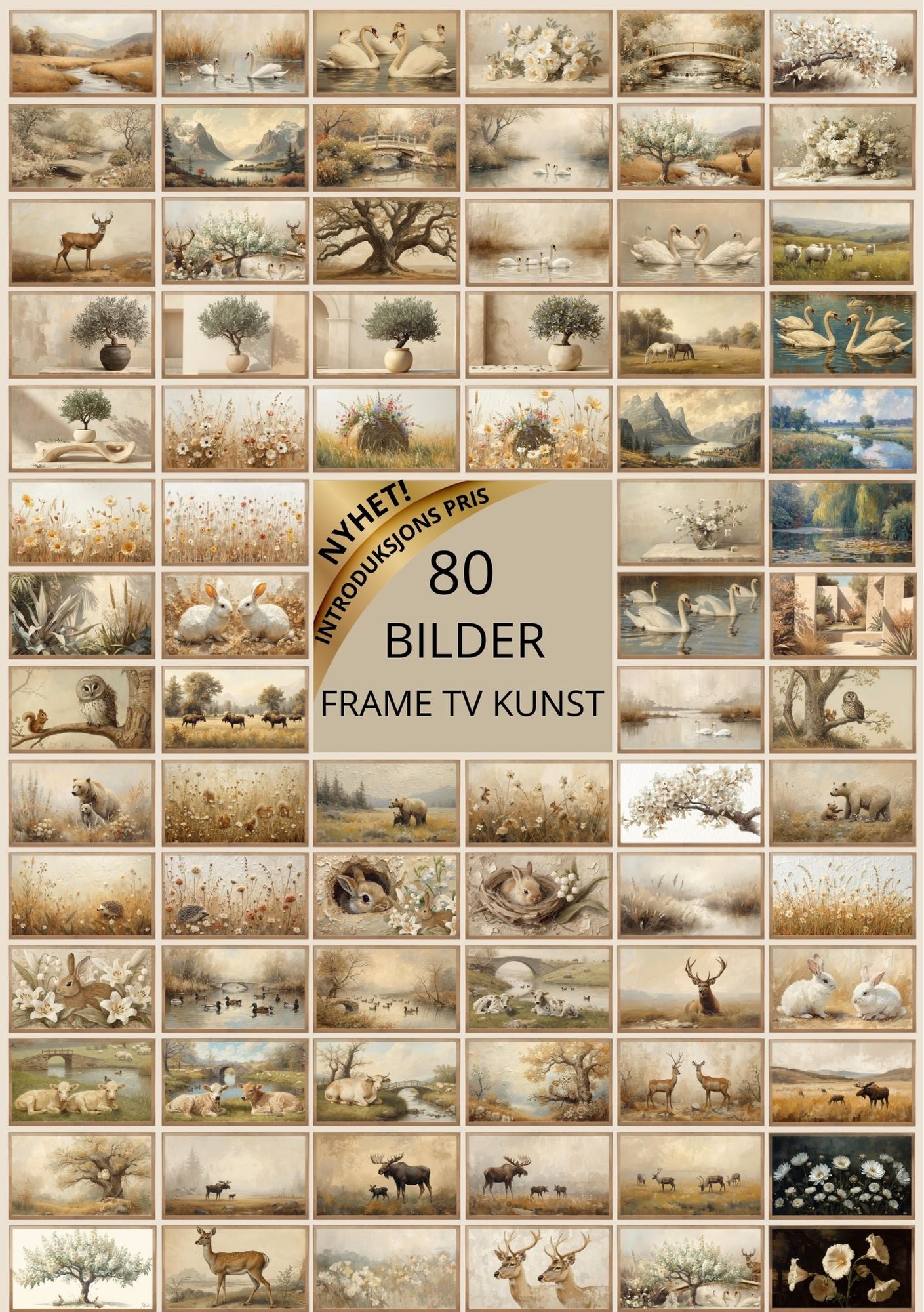 Frame TV naturbilder fra KISS DEKOR - 80 vintage bilder med landskap, dyr, blomster og natur i beige toner
