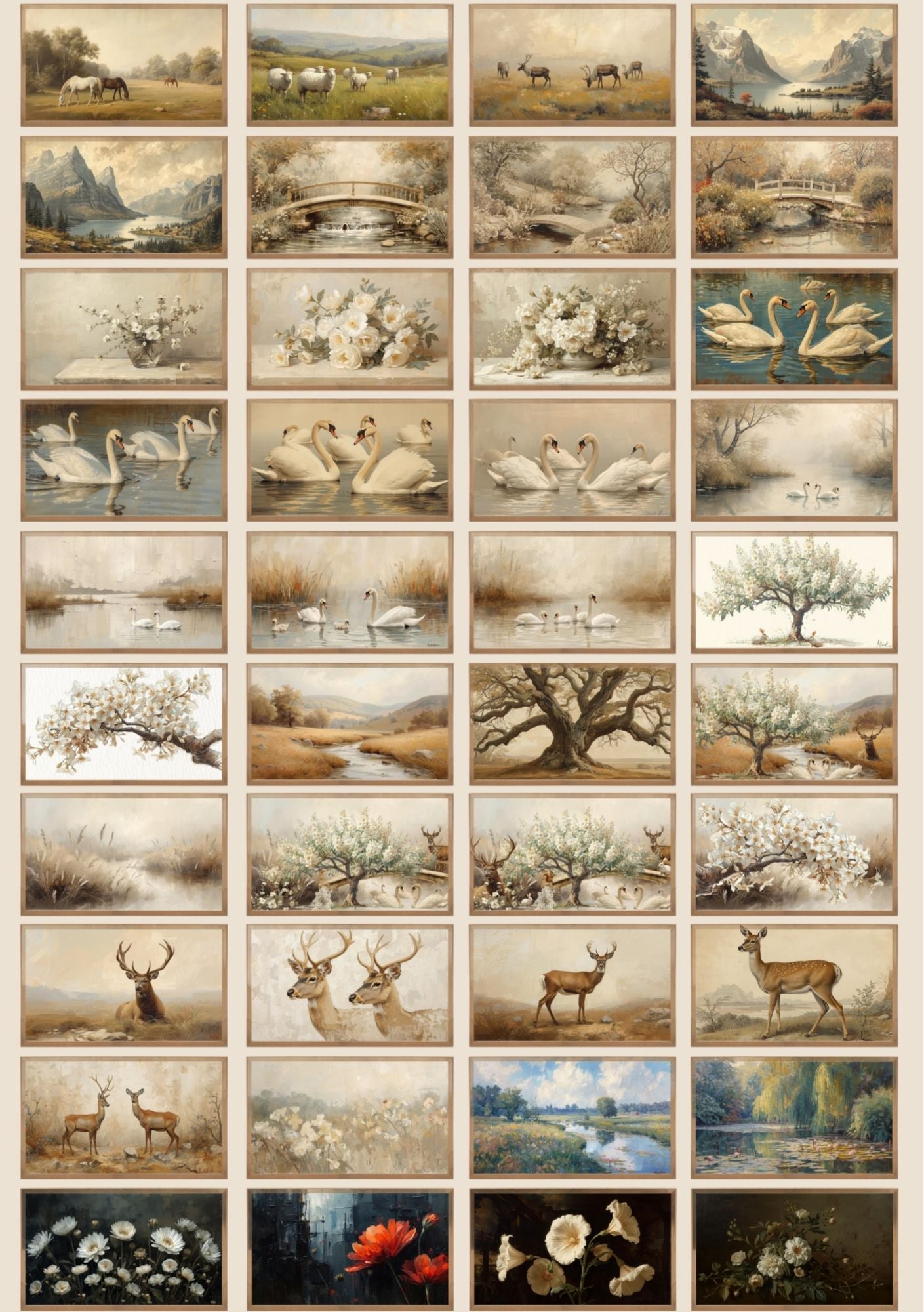 Frame TV naturbilder eksempler - vintage landskap med trær, åkre og naturscener i varme toner