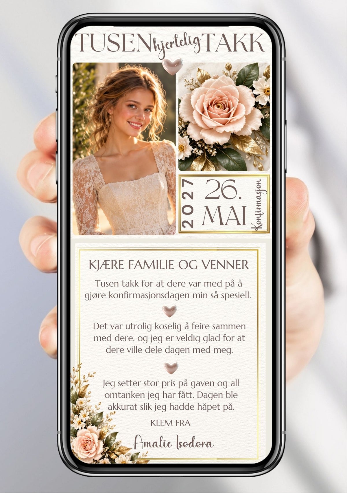 Digitalt takkekort til konfirmasjon vist på mobil med konfirmantfoto, rosa roser, små hvite blomster, datofelt og takkehilsen i gullramme. 