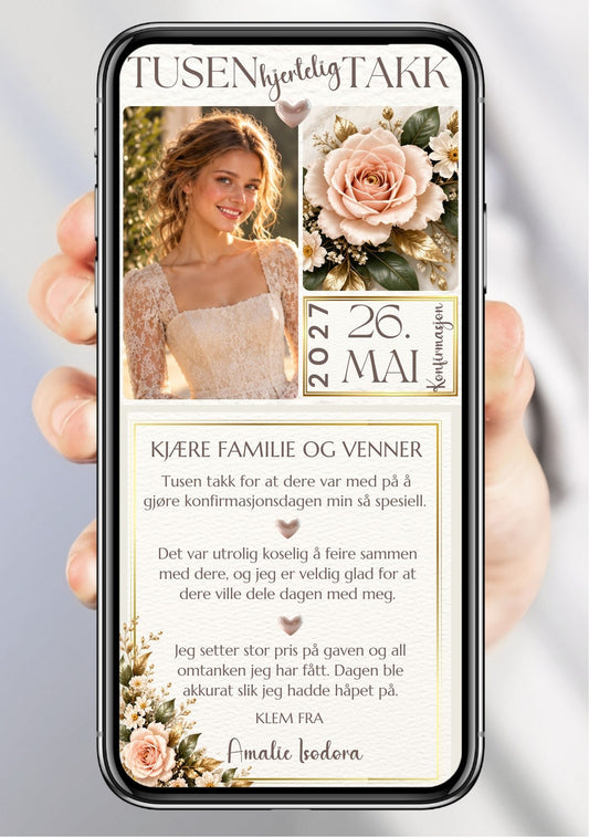 Digitalt takkekort til konfirmasjon vist på mobil med konfirmantfoto, rosa roser, små hvite blomster, datofelt og takkehilsen i gullramme. 