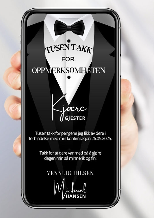 Takkekort konfirmasjon sort dressl og sløyfe - personlig design med ferdig tekstforslag - KISS DEKOR
