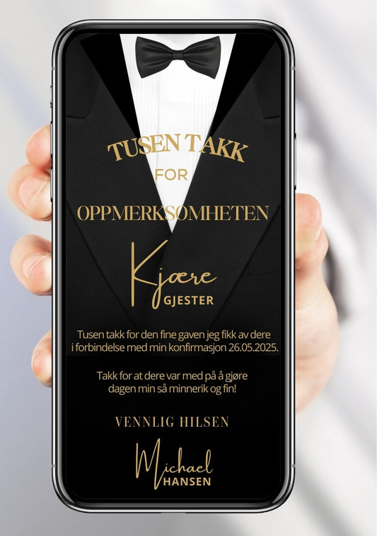 Takkekort konfirmasjon sort med sløyfe  - personlig design med ferdig tekstforslag - KISS DEKOR