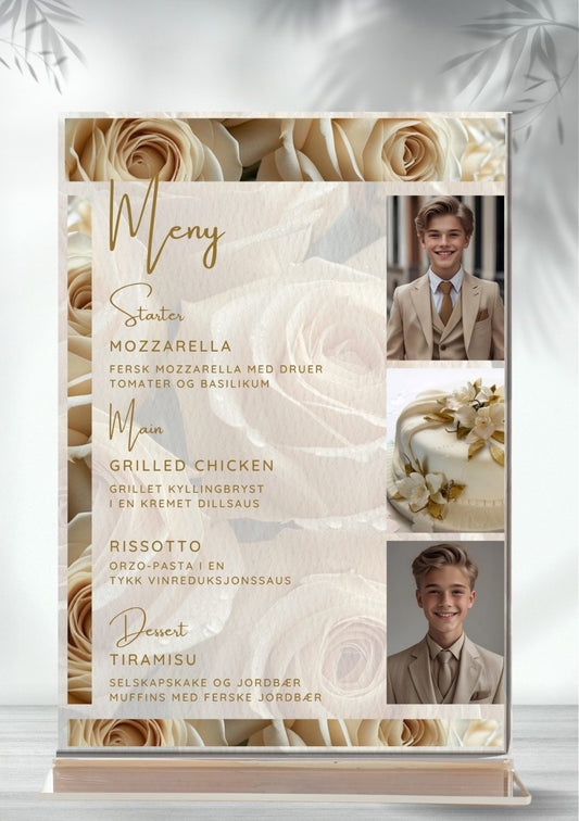 Meny til konfirmasjon - beige personlig og elegant design - KISS DEKOR