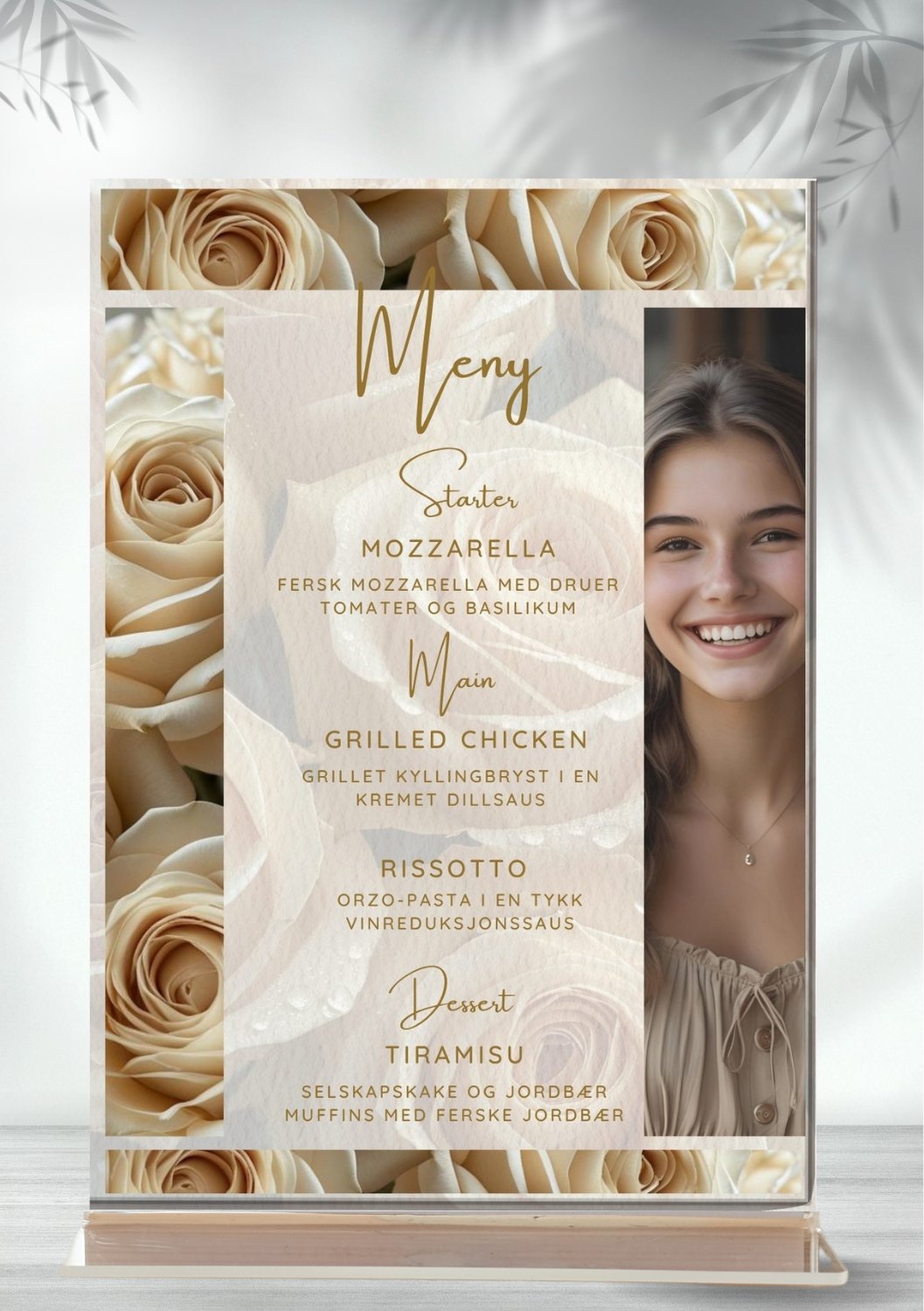 Konfirmasjonsmeny med hvite roser og brudepikefoto - menykort med starter, hovedrett og dessert
