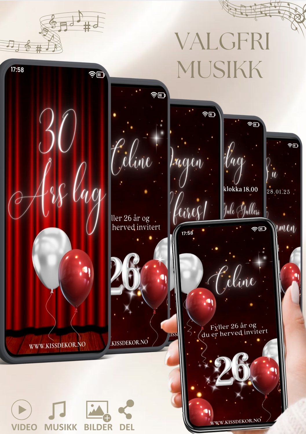 Bursdagsvideo rød invitasjon moderne med musikk - personlig design med ferdig tekstforslag - KISS DEKOR
