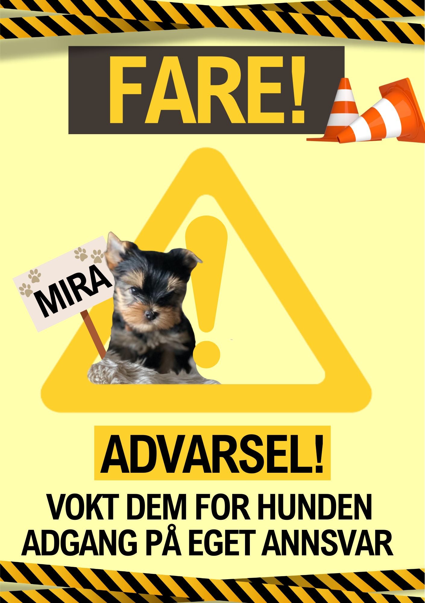 Fareskilt pass deg for hunden gul bakgrunn sort stripe - personlig hundeskilt fra KISS DEKOR