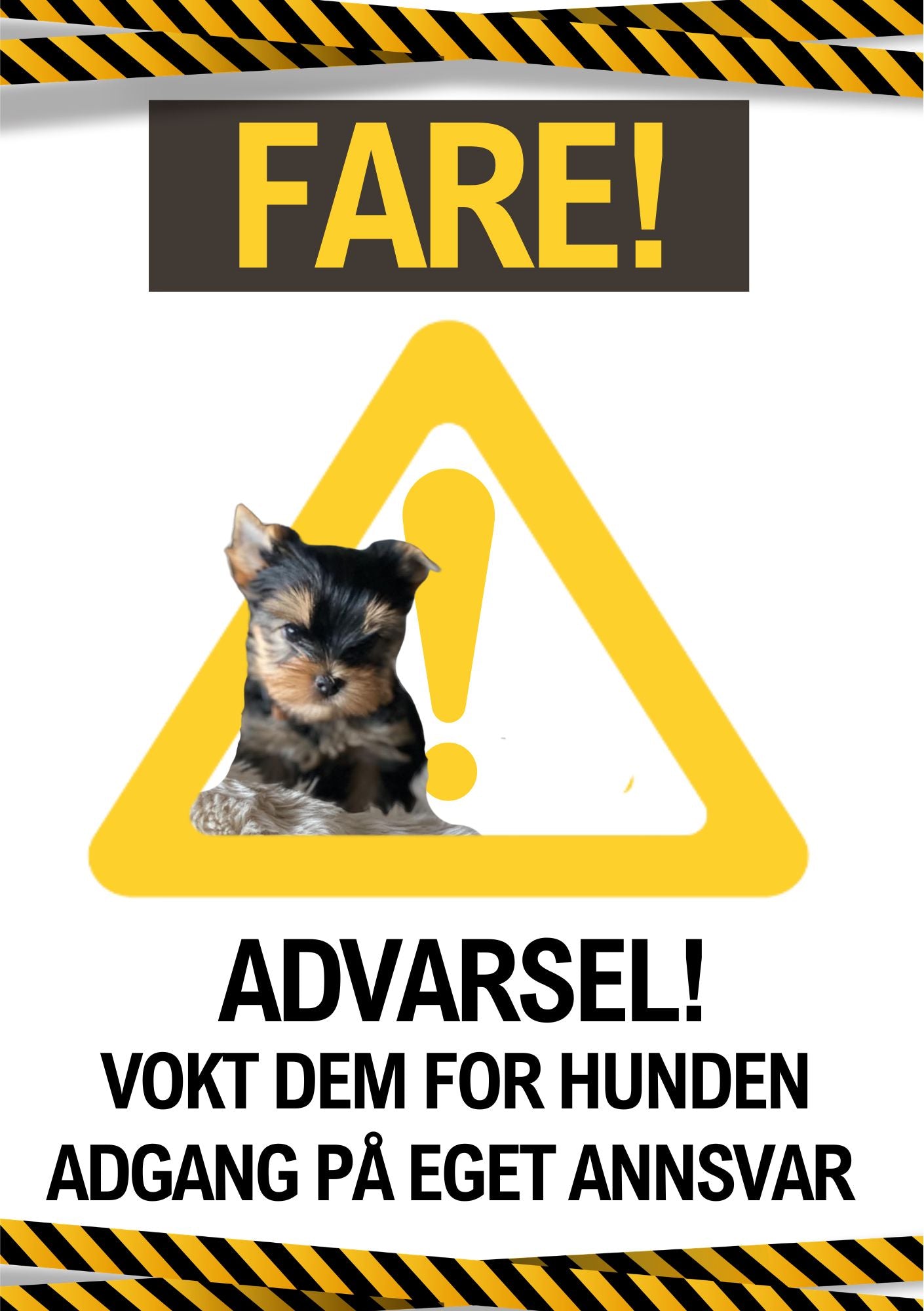 Fareskilt pass deg for hunden gul bakgrunn sort trekant - personlig hundeskilt fra KISS DEKOR