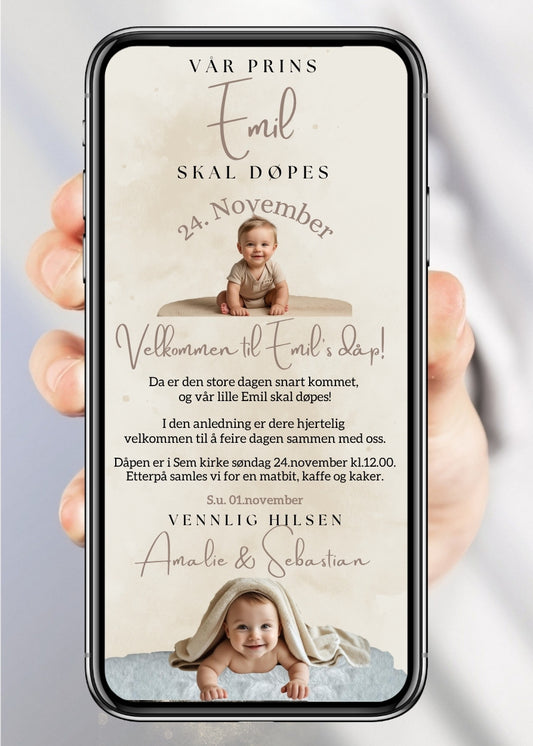 Dåpsinvitasjon beige – elegant design til mobil