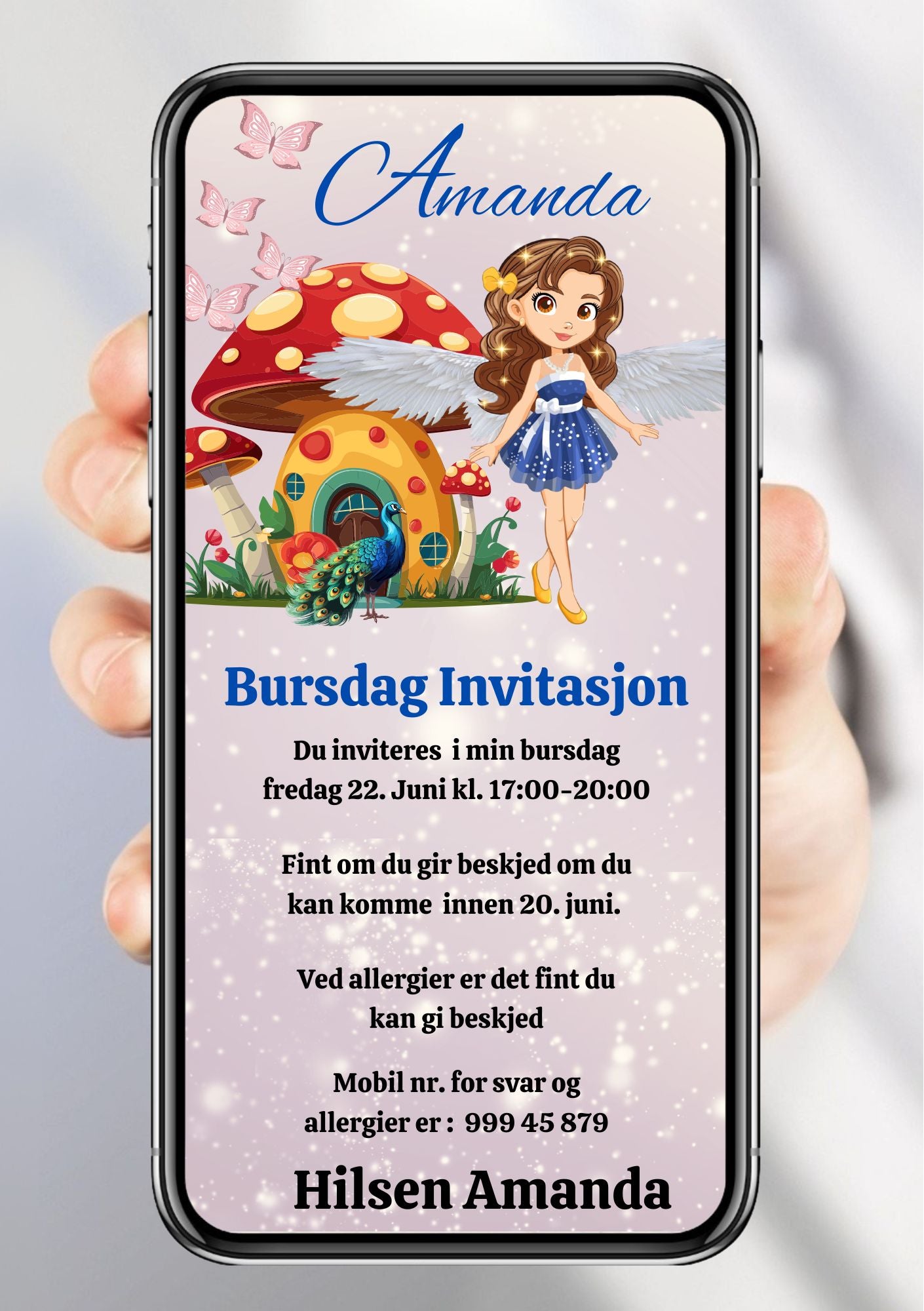 Digital bursdagsinvitasjon med fe i blå kjole, rød sopp og påfugl – magisk eventyrdesign klar til deling på 