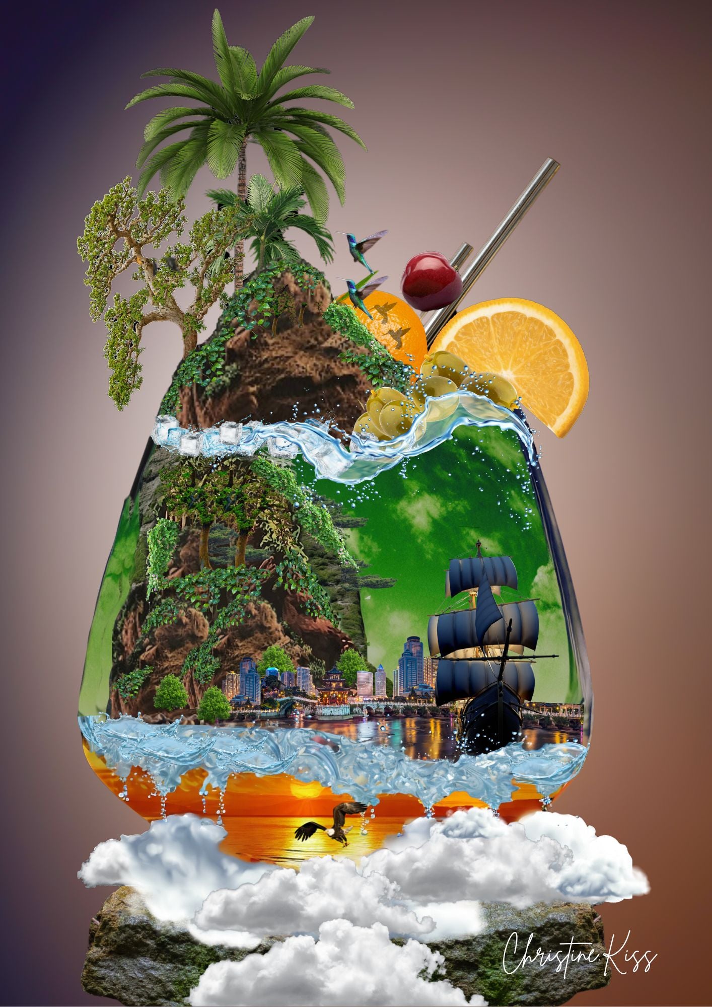 Tropisk drøm i glass brun bakgrunn - surrealistisk plakat med palme og piratskip fra KISS DEKOR
