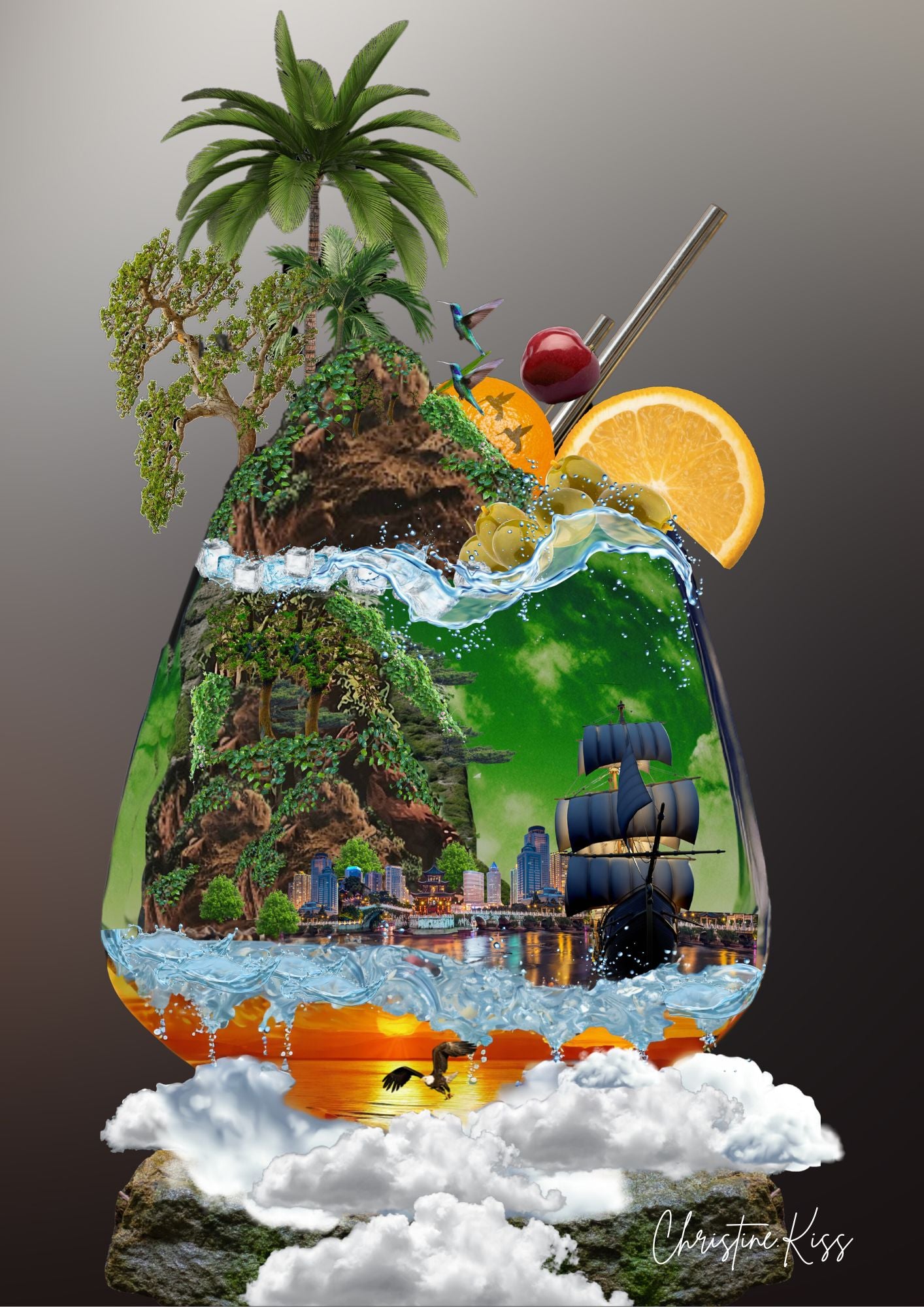 Tropisk drøm i glass mørk bakgrunn - surrealistisk plakat med palme og piratskip fra KISS DEKOR