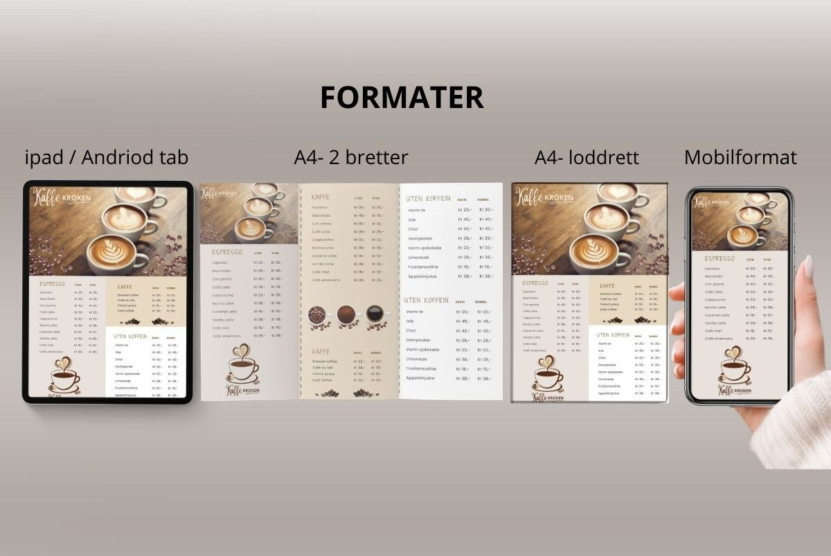 Kaffeprisliste i ulike formater - digital meny for iPad, A4-bretter, A4-loddrett og mobilformat med kaffemotiv