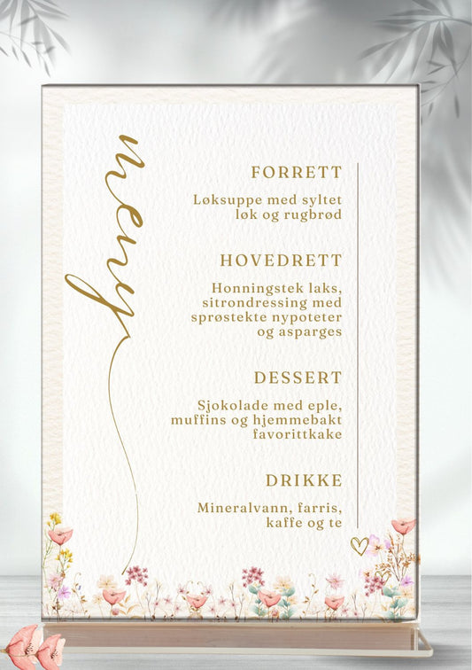 Meny til konfirmasjon - blomster personlig og elegant design - KISS DEKOR