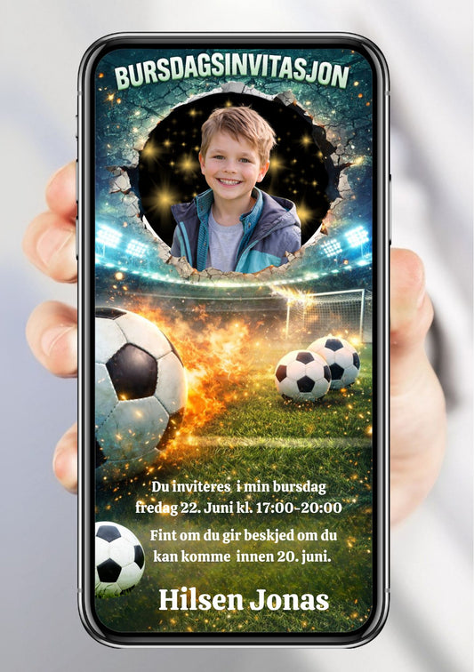 Fotball bursdagsinvitasjon – klassisk sportsdesign for barn