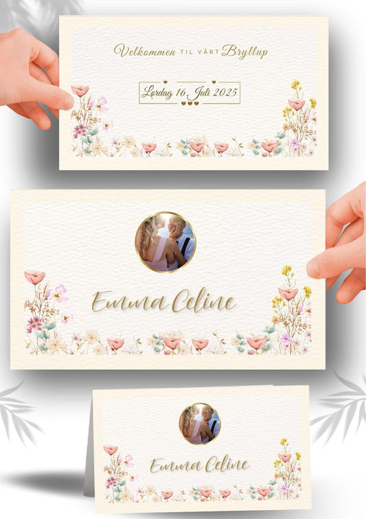 Utskrivbart bordkort bryllup med moderne design og tilpasset tekst