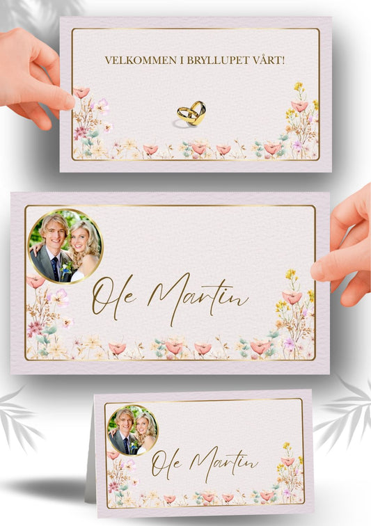 Utskrivbart bordkort bryllup med moderne design og tilpasset tekst