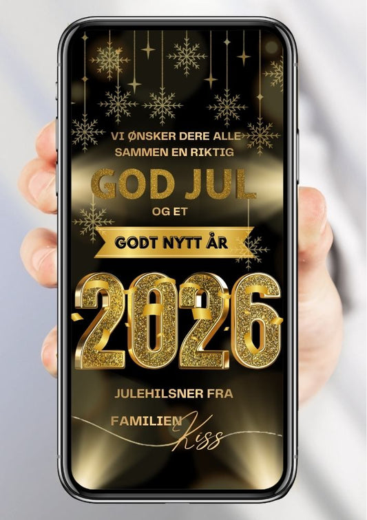 Julekort 2026 med svart bakgrunn og gullskrift
