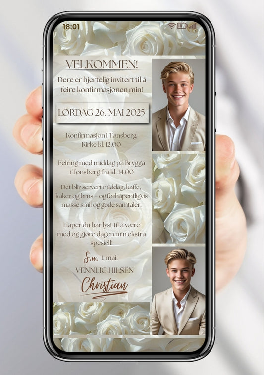 Konfirmasjonsinvitasjon beige med collage - personlig design med ferdig tekstforslag - KISS DEKOR