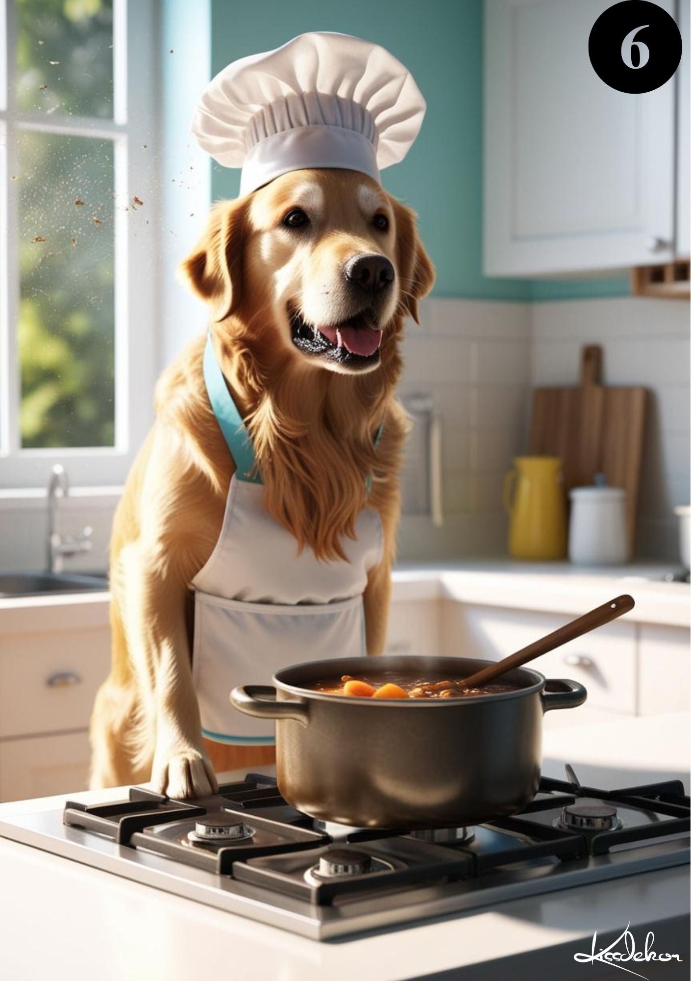 Golden Retriever kokk med stekepanne - søt hund som kokk i kjøkkenet fra KISS DEKOR