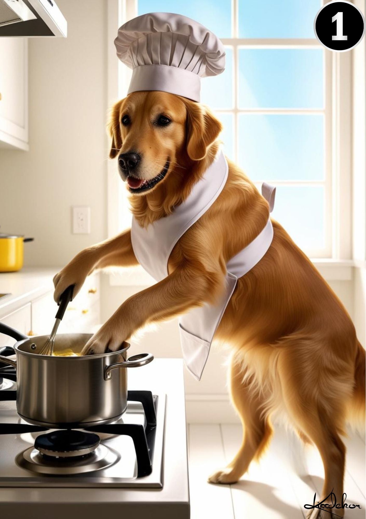 Golden Retriever kokk - fire søte bilder av hund som kokk i kjøkkenet fra KISS DEKOR