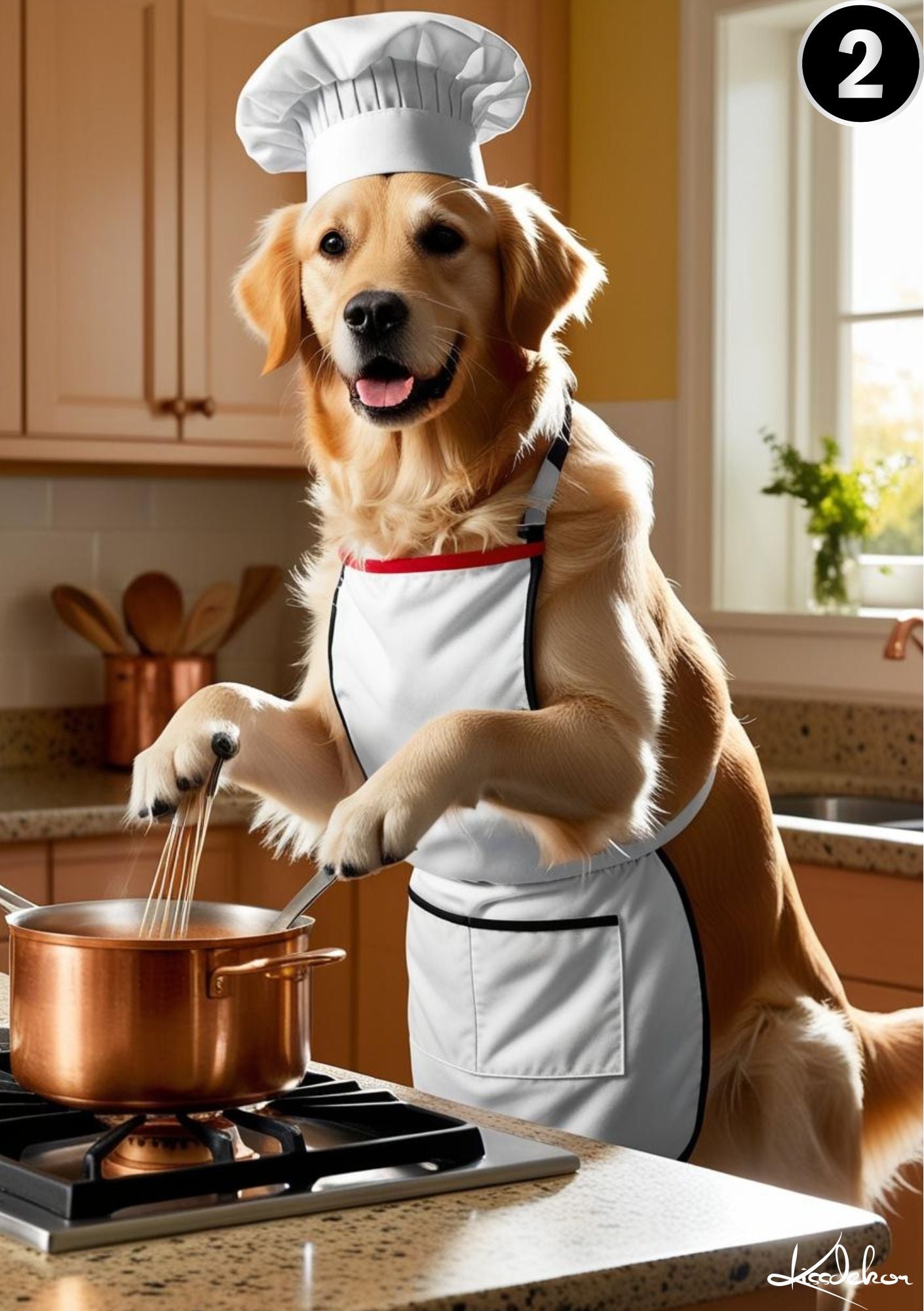 Golden Retriever kokk med hvit forkle - søt hund som kokk i kjøkkenet fra KISS DEKOR