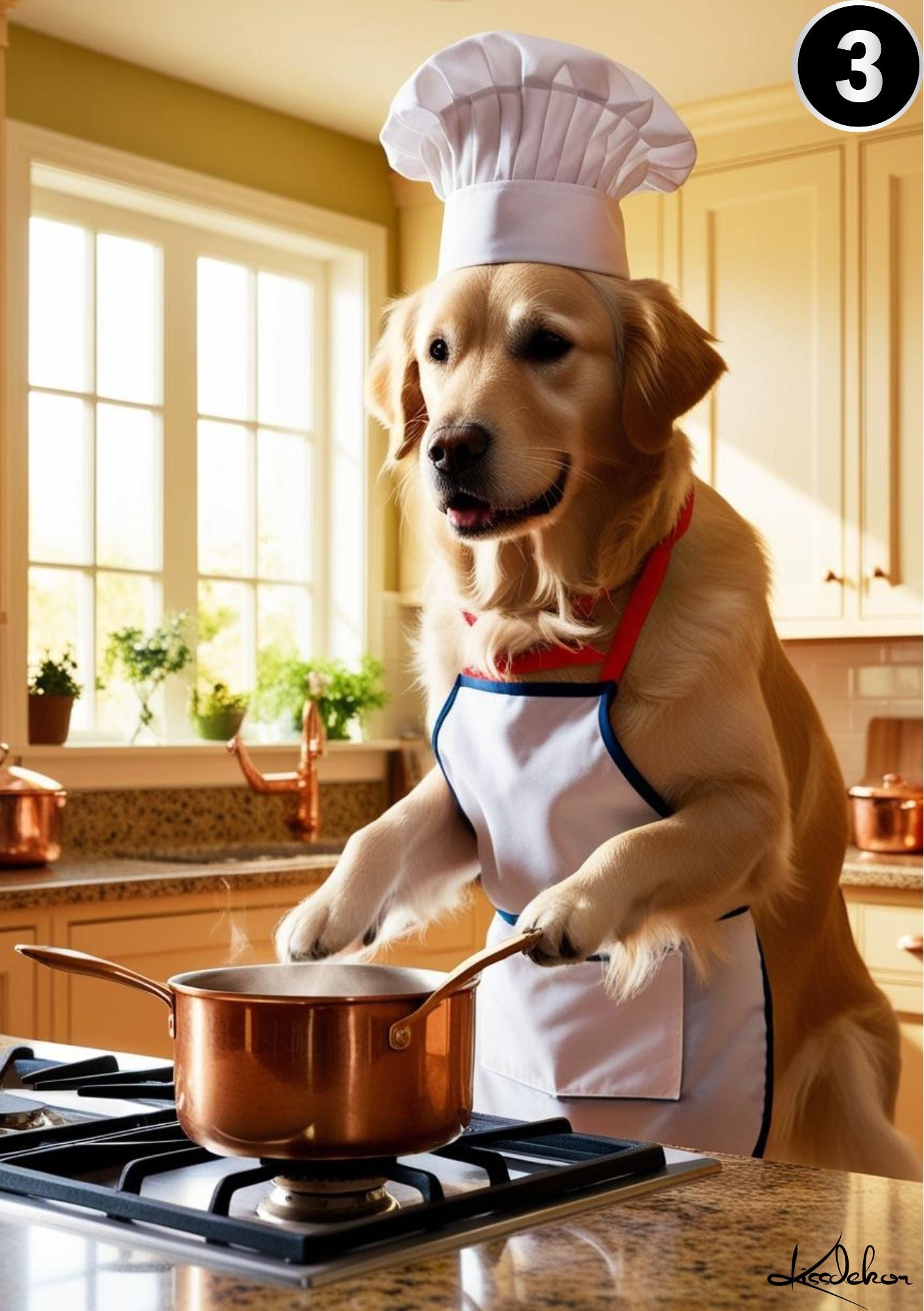 Golden Retriever kokk med kobberpanne - søt hund som kokk i kjøkkenet fra KISS DEKOR
