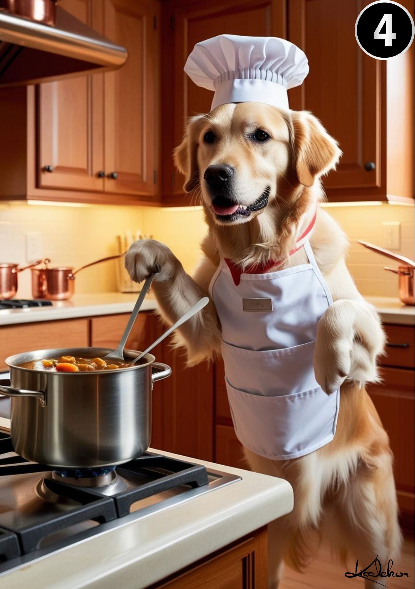 Golden Retriever kokk ved gryte - søt hund som kokk i kjøkkenet fra KISS DEKOR