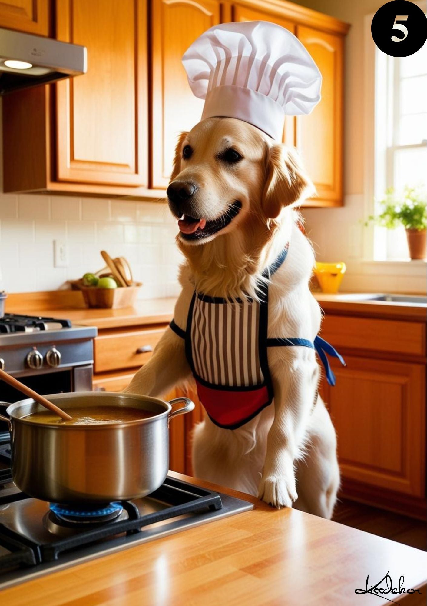 Golden Retriever kokk med stripete forkle - søt hund som kokk i kjøkkenet fra KISS DEKOR
