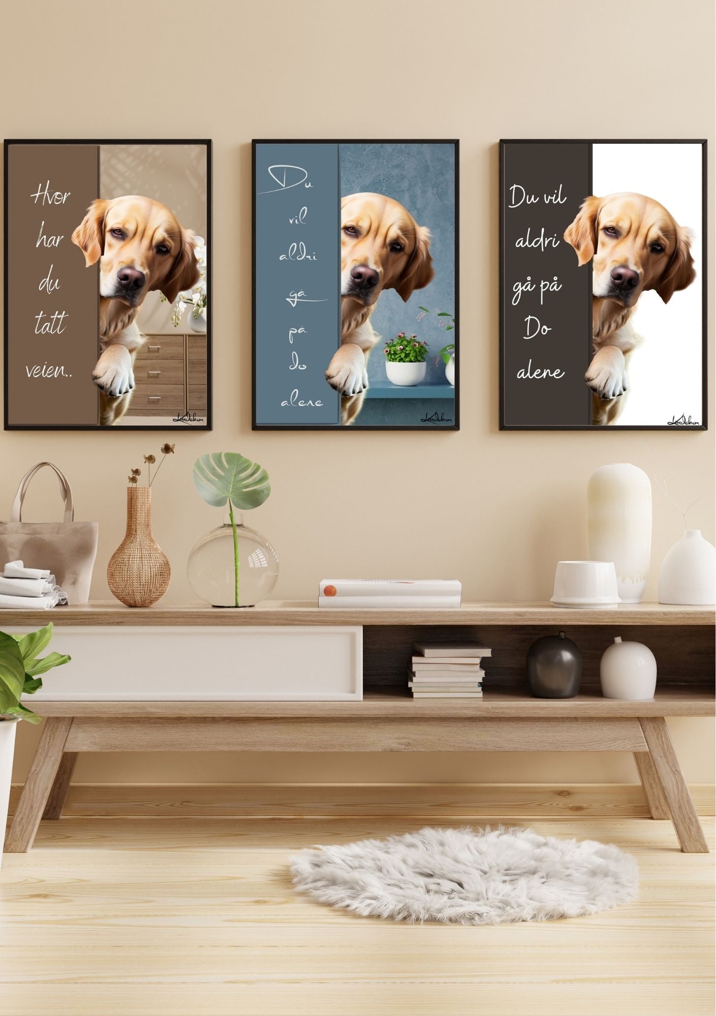 Personlig kjæledyrplakat Golden Retriever - tre design med hund og tekst fra KISS DEKOR