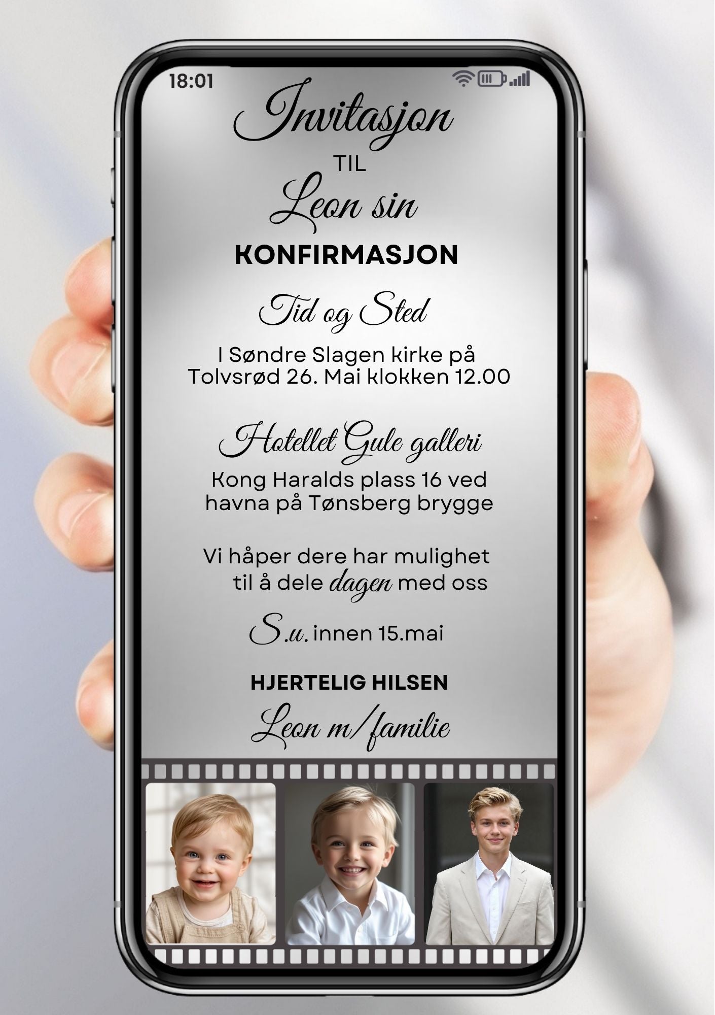 Grå konfirmasjonsinvitasjon med filmstripe og tre bilder nederst