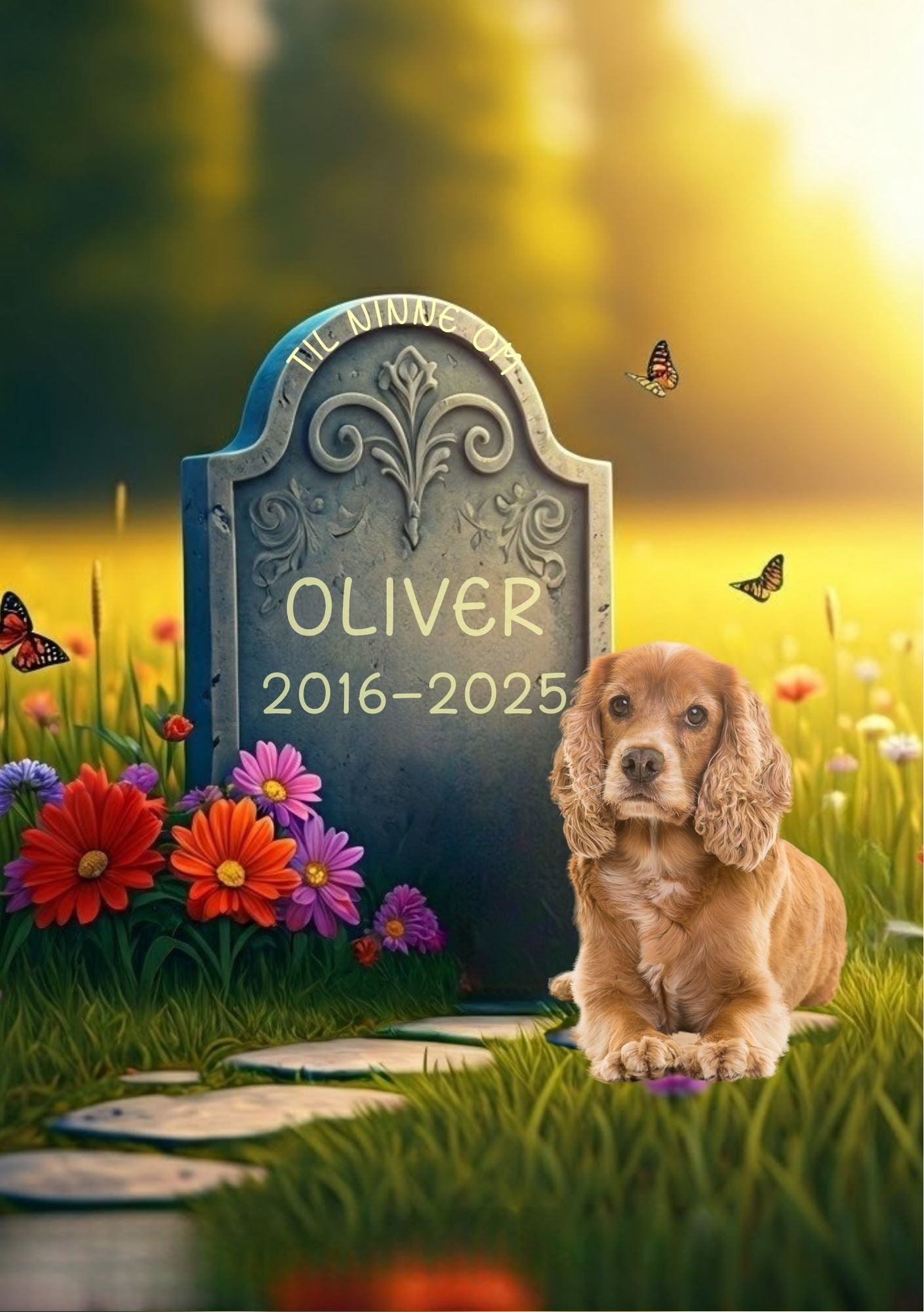 Minneportrett av kjæledyr med gravstein Oliver - personlig design med hund og blomster fra KISS DEKOR