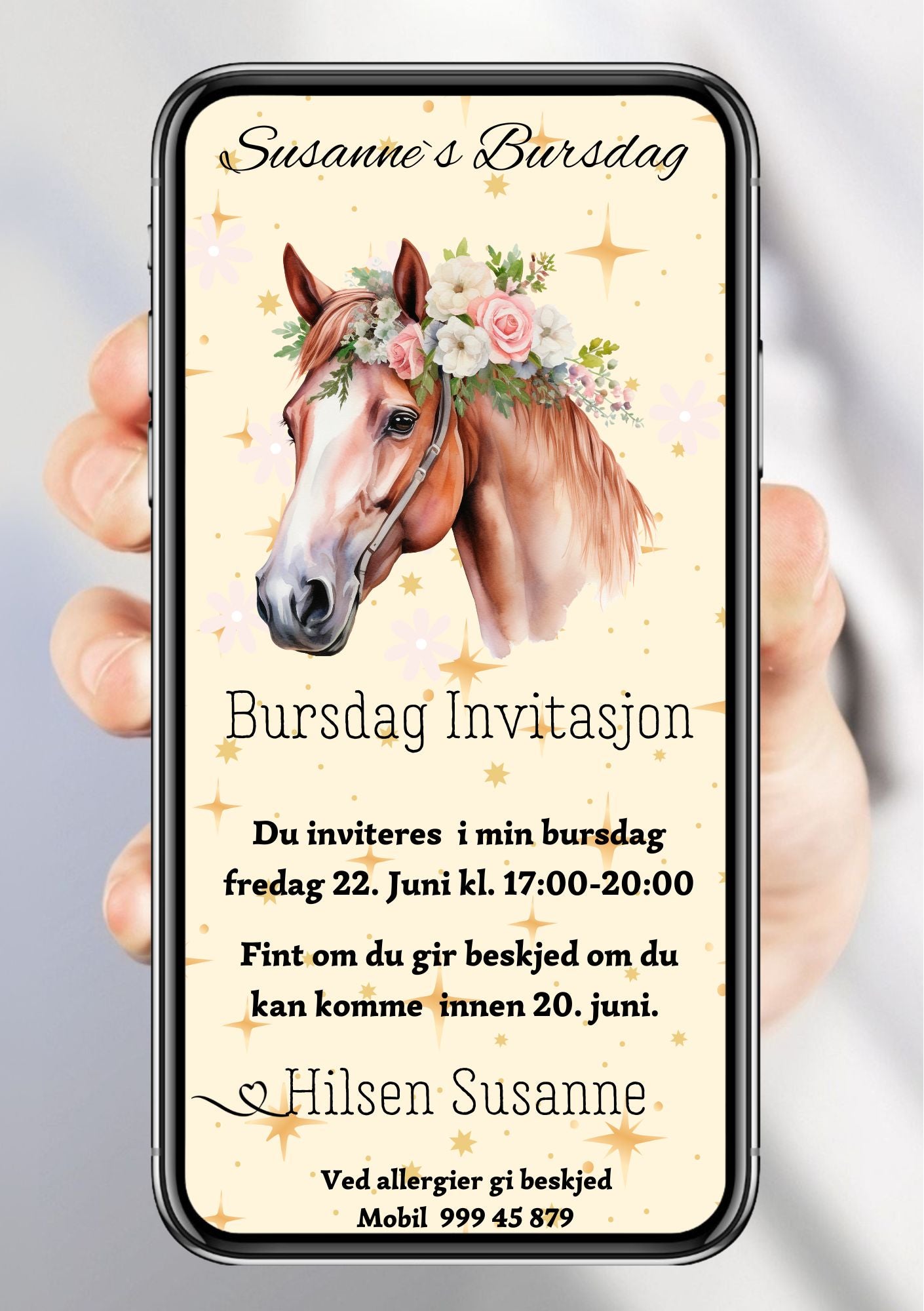 Digital bursdagsinvitasjon for jente med brun hest, roser og stjerner – søt og fargerik design klar til deling på mobil 