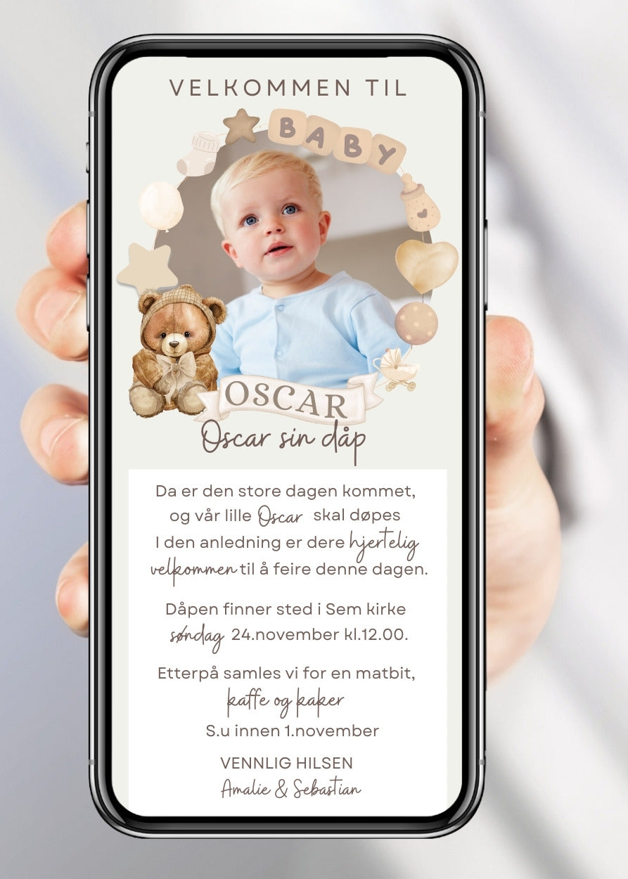 Invitasjon for navnefest og dåp – elegant design til mobil