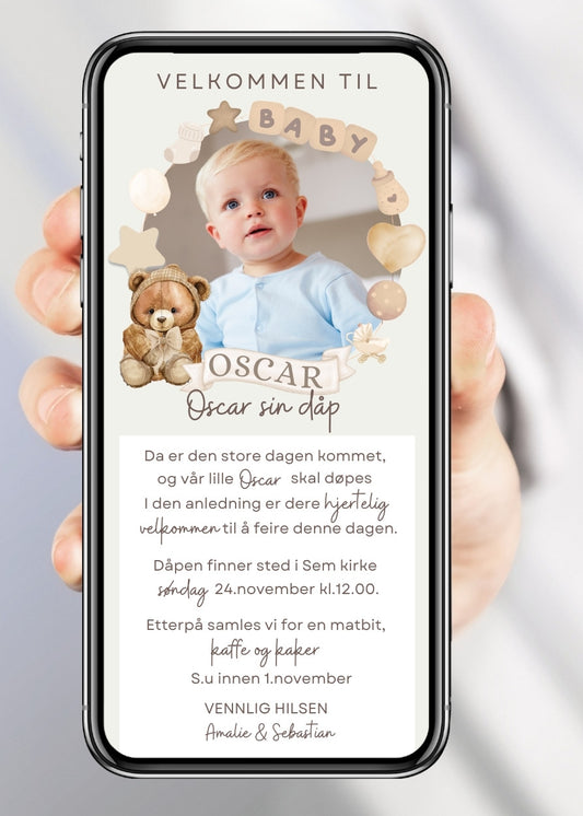 Invitasjon for navnefest og dåp – elegant design til mobil